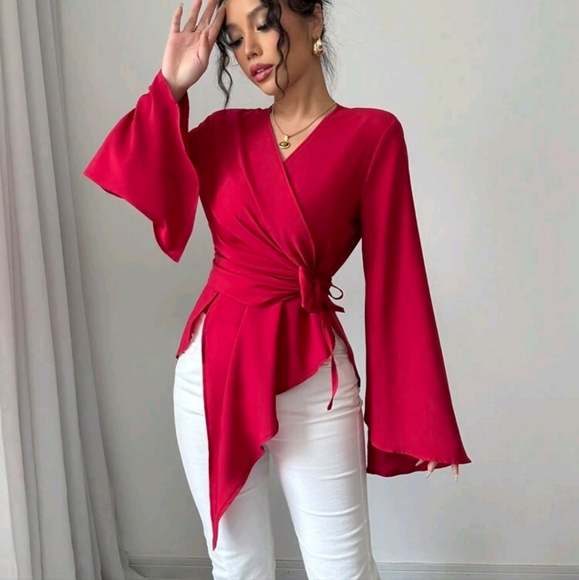 Tops - Women's Solid Color Long Sleeve Tie Front Minimalist Top, Casual Daily Wear